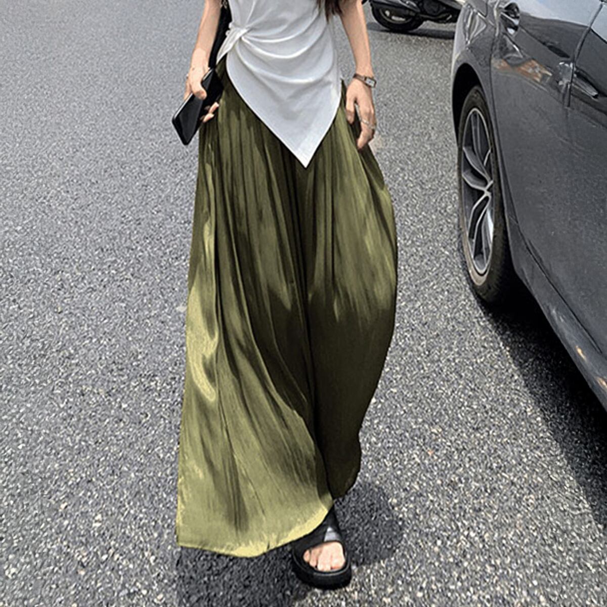 シアー ワイドパンツ レディース 春夏 韓国 接触冷感 きれいめ おしゃれ 大人 カジュアル シンプル フレアパンツ 体型カバー 光沢感 ハイウエスト 涼しい 大人可愛い 大人女子