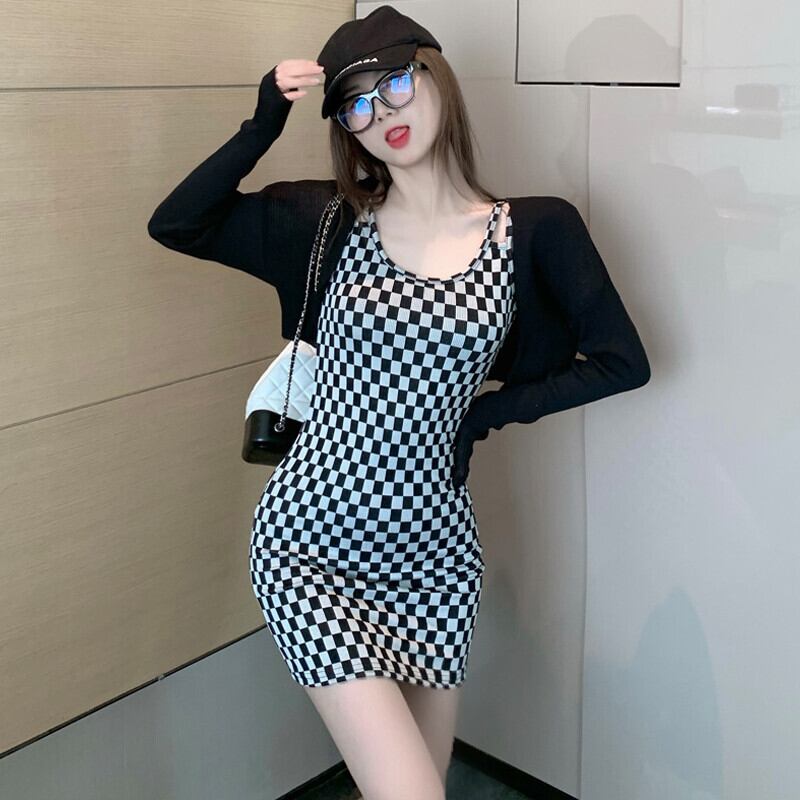 薄手カーディガントップス 格子柄ドレス セット サマー ストリート 夏物 ガールズファッション82718443480
