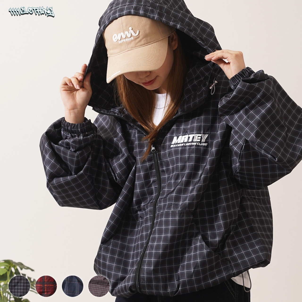 ◆チェック柄 フードブルゾン◆wi-864023