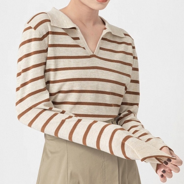 ボーダー ニットポロシャツ  L1116