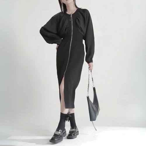 Zipper long sleeve slit long dress C0599