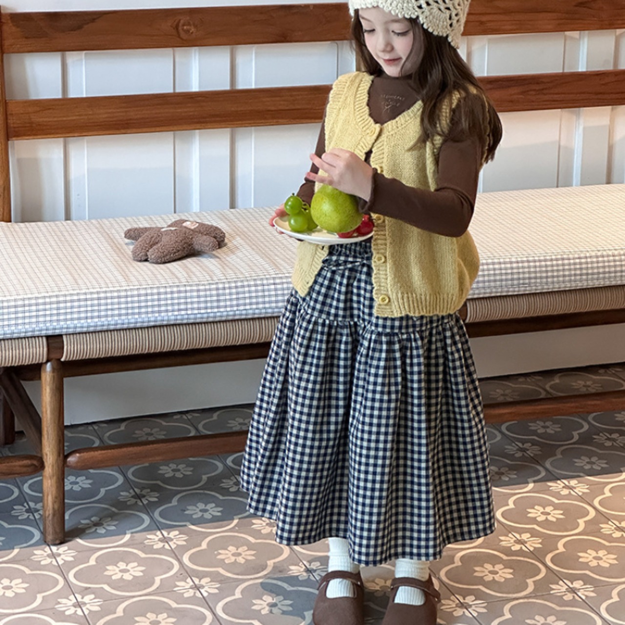 秋チェック柄リネンスカート