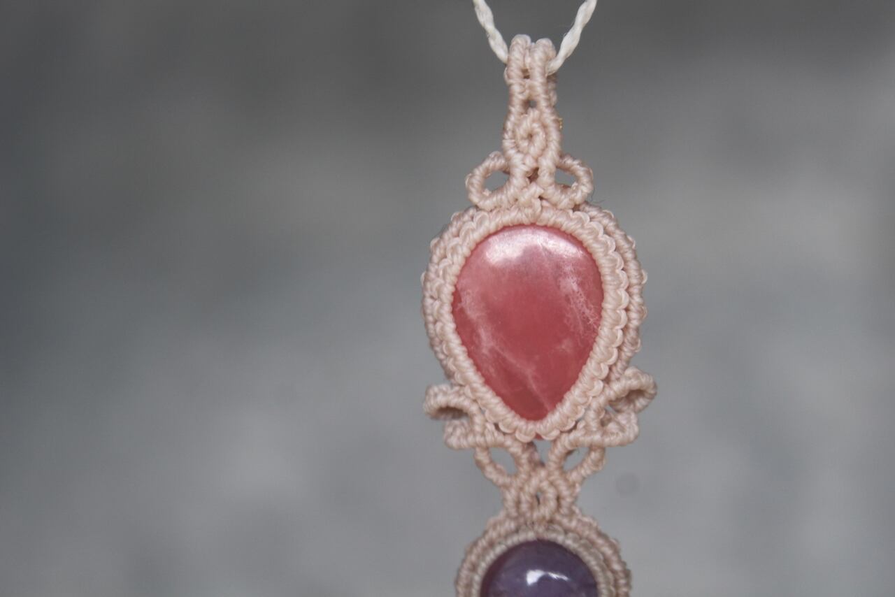 Apatite & Rhodochrosite & Amethyst micro macrame pendant