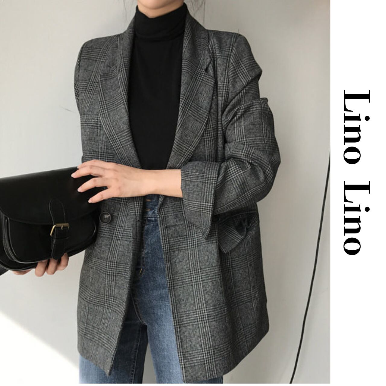 Check Pattern Double-Breasted Loose Jacket L00873