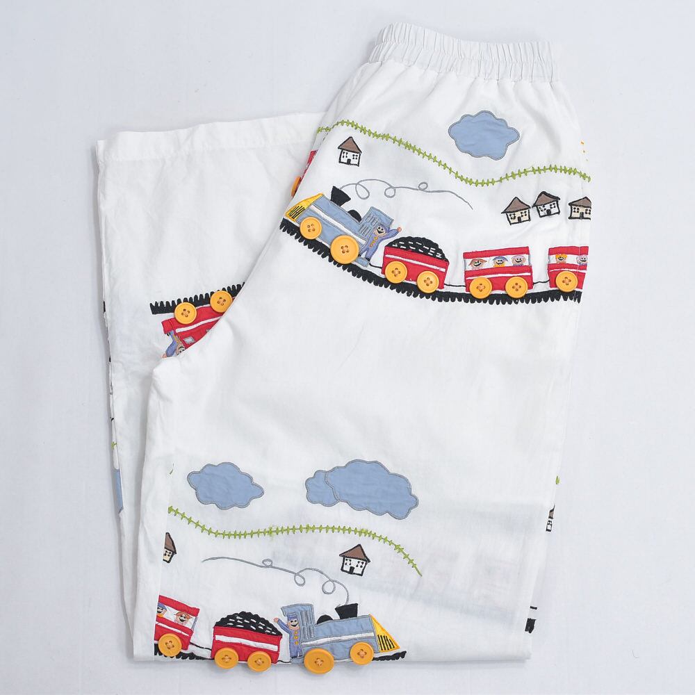 Remakeリメイク 再構築 パッチワーク&機関車刺繍 デザイン ルーズシルエット コットン イージーパンツ エシカル ホワイト 古着 裏地付き レディースW64~92cm