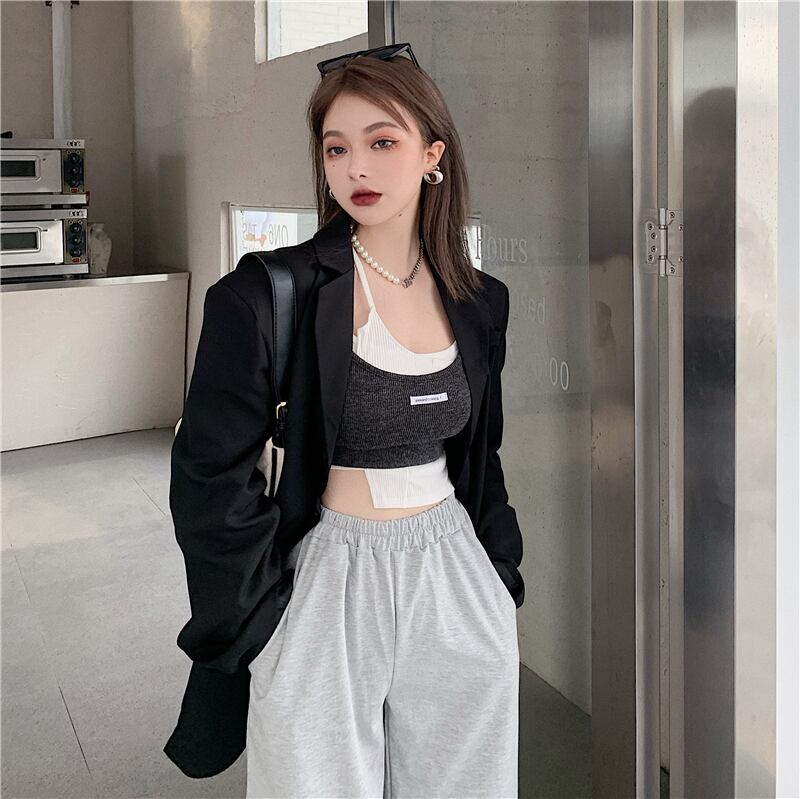 スーツ女性2020年秋新しいルーズブラックスーツジャケット+スポーツカジュアルワイドレッグパンツツーピーススーツ クレセントシティ58838660867