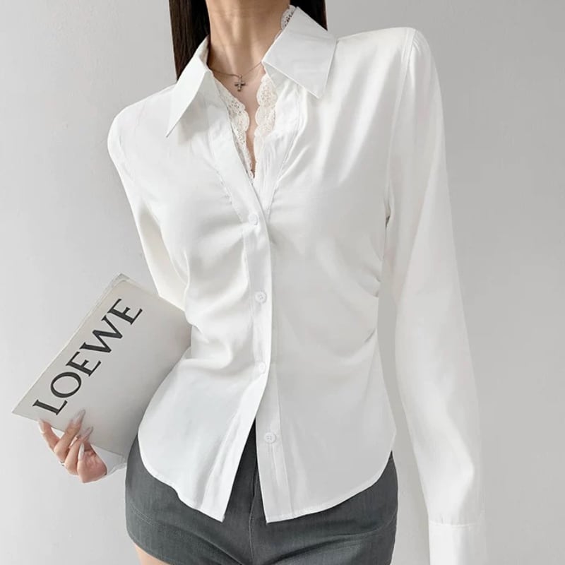 lace trim fitted shirt la2185