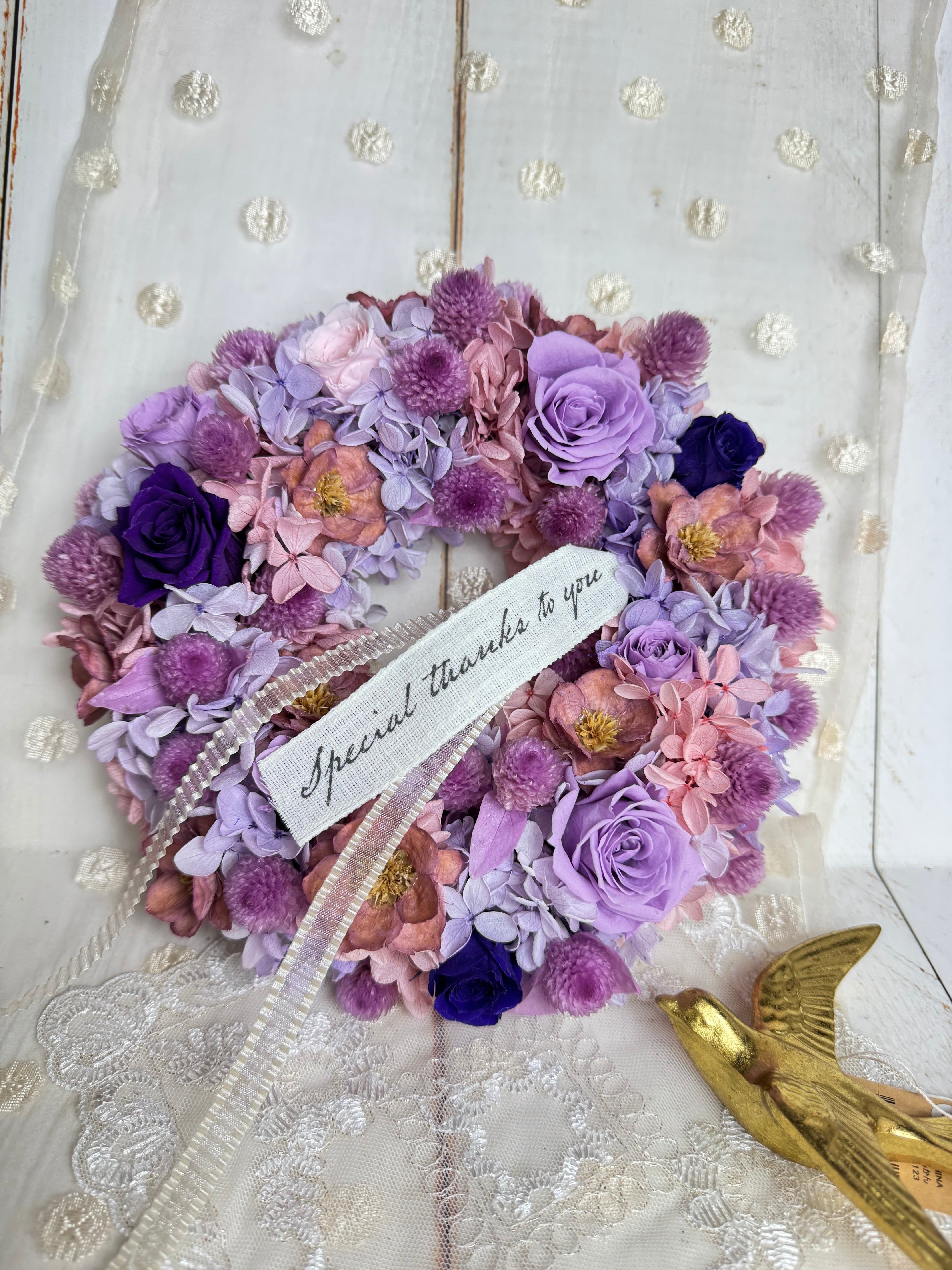 プリザーブドフラワーリース リラの花咲く季節に寄せて 直径約20センチ