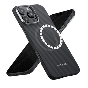 【在庫のみ】「PITAKA」 iPhone16 Pro Max用ケース 極薄 アラミド繊維製 MagSafe対応 超極薄・超軽量 カーボン風 ワイヤレス充電対応（600D 黒/グレー）