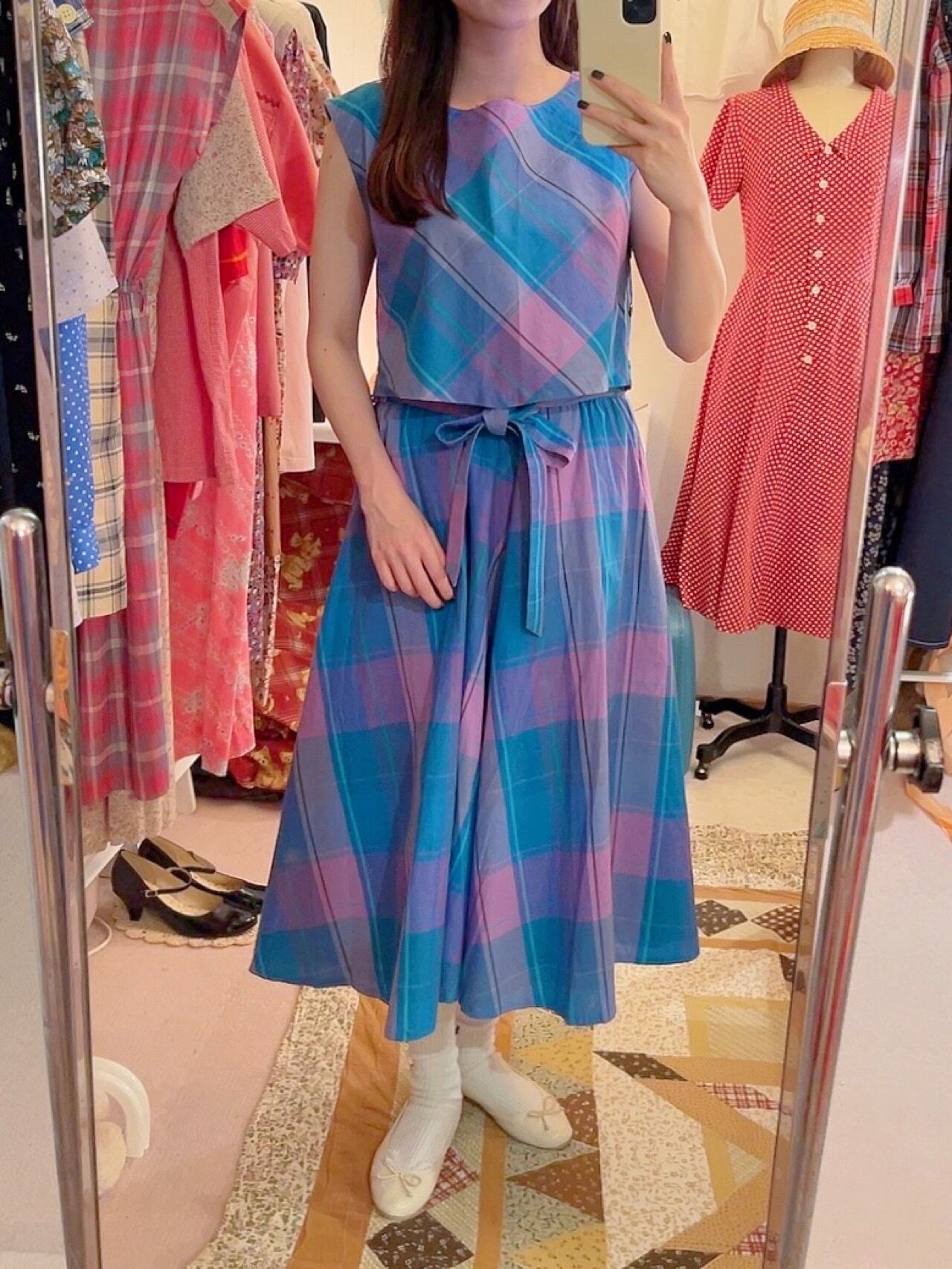 blue pink check ensemble one-piece