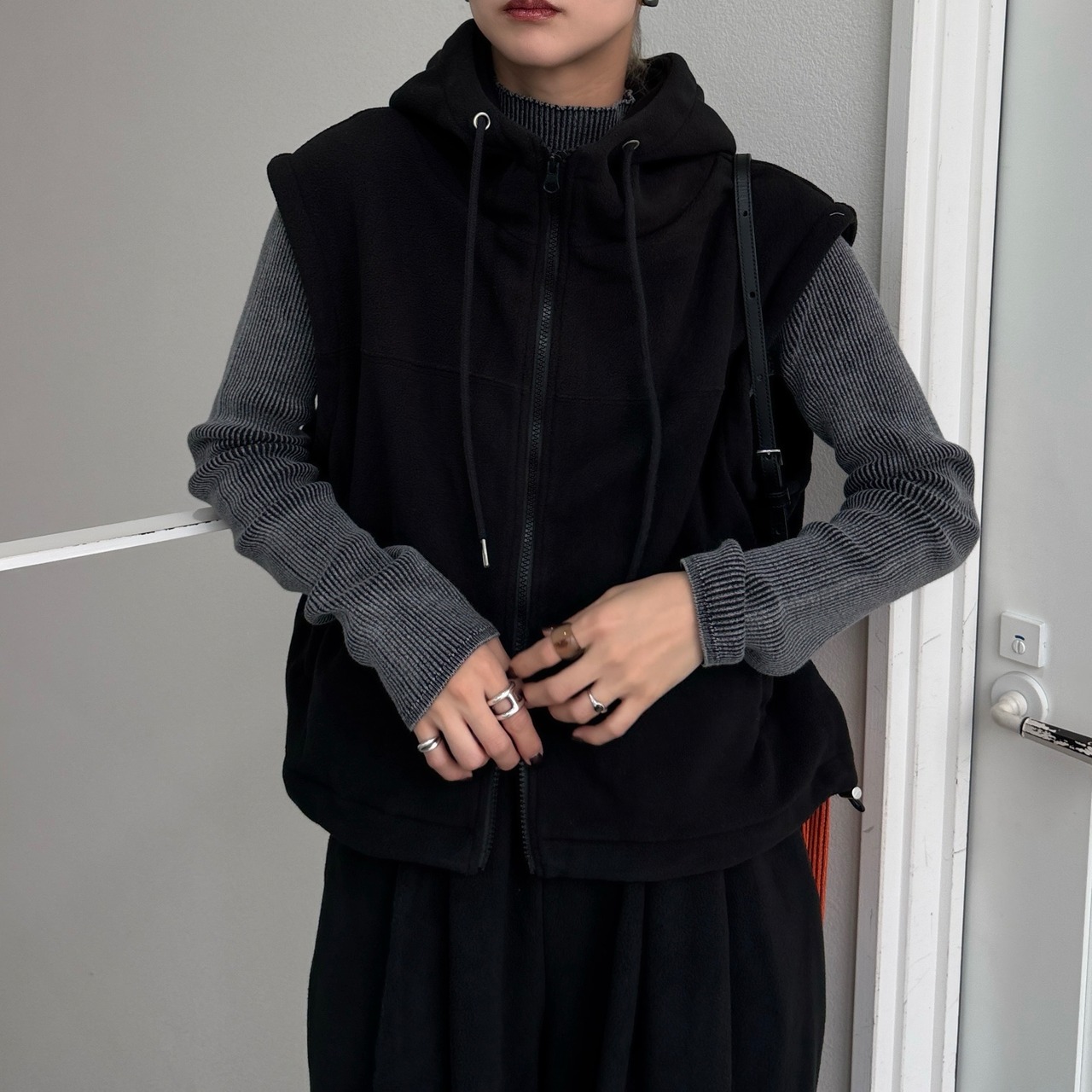 Wzipフリースフーディーvest/ブラック