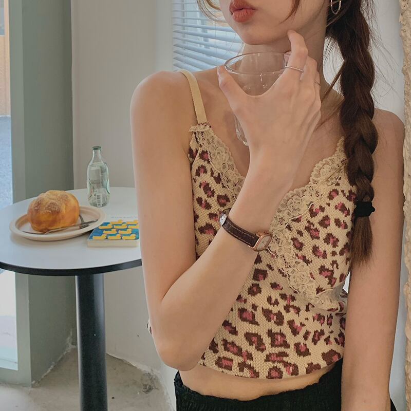 レースレオパードプリント柄サマーバックトップス 夏物 モンロー14017563116