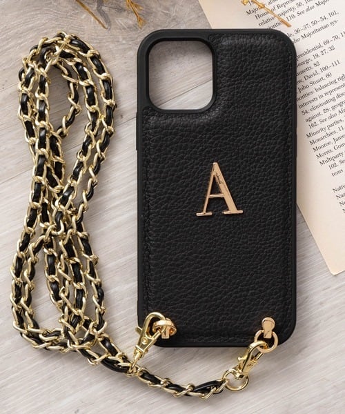 iPhone用ケース ロゴデザイン チェーンストラップ付き iPhoneストラップ iPhoneレザーケース iPhoneショルダー スマホ