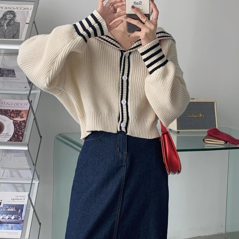 ネイビーセーター ジャケット オータムショートルーズスリム薄手長袖スリーブカーディガン ロング 秋物 ビッグFスモールZ韓国36496658131