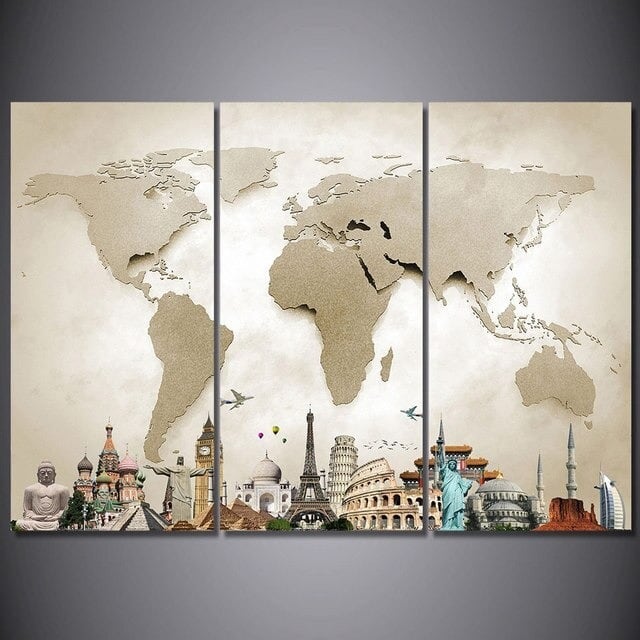 木枠付き 3枚組 壁掛け キャンバス アートパネル 世界地図 World Map