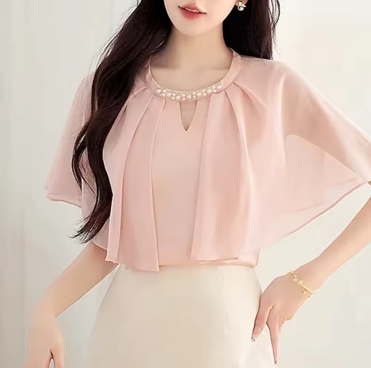 パールネックシフォンブラウス