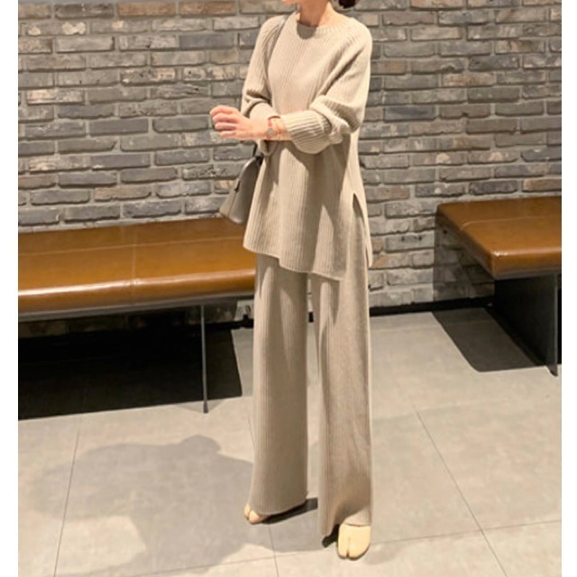 予約販売 セットアップ レディース ニット パンツ コーデ 長袖 ゆったり 上品 結婚式 二次会 ストレートパンツ ベージュ ブルー ブラウン キャメル 厚手 秋冬 おしゃれ こなれ感 韓国 Favoriteselect