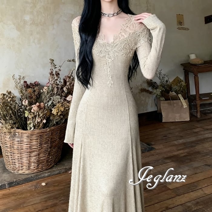 3色 刺繍 レース ニット マキシ ワンピース 長袖 ドレス エレ派(MB835)ζ☆