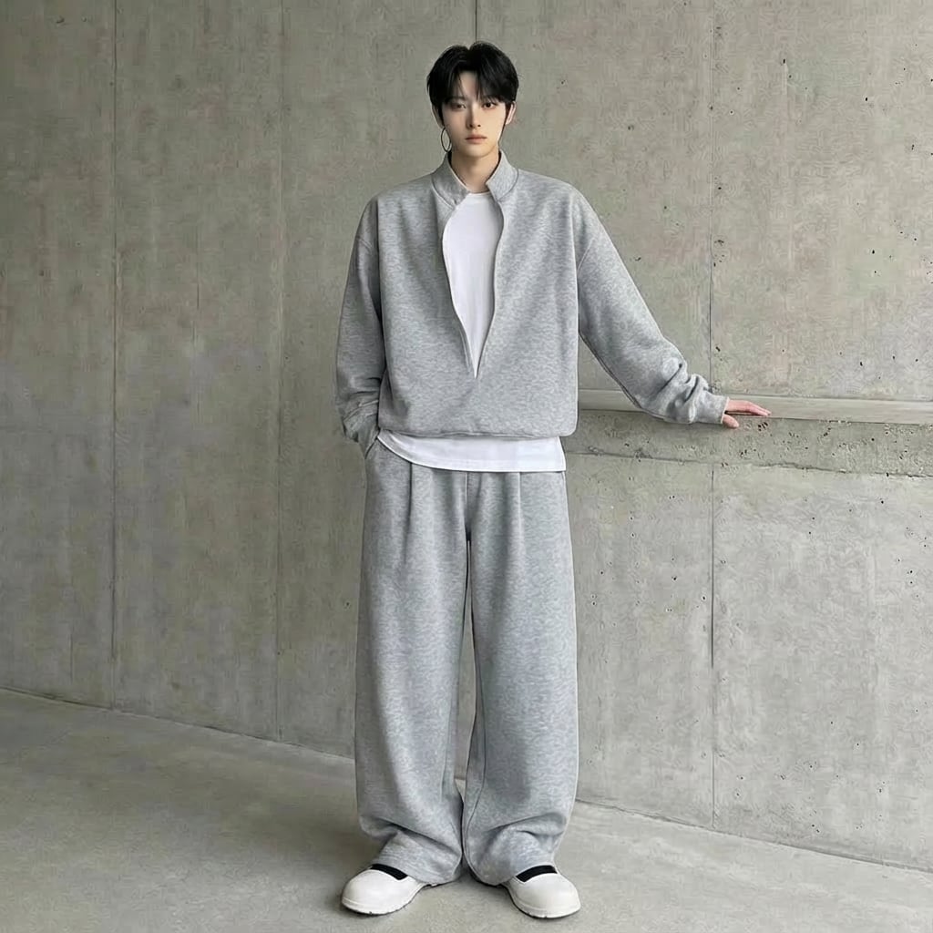 Vネックスウェットシャツ&ワイドパンツカジュアルツーピース 2カラー D11877