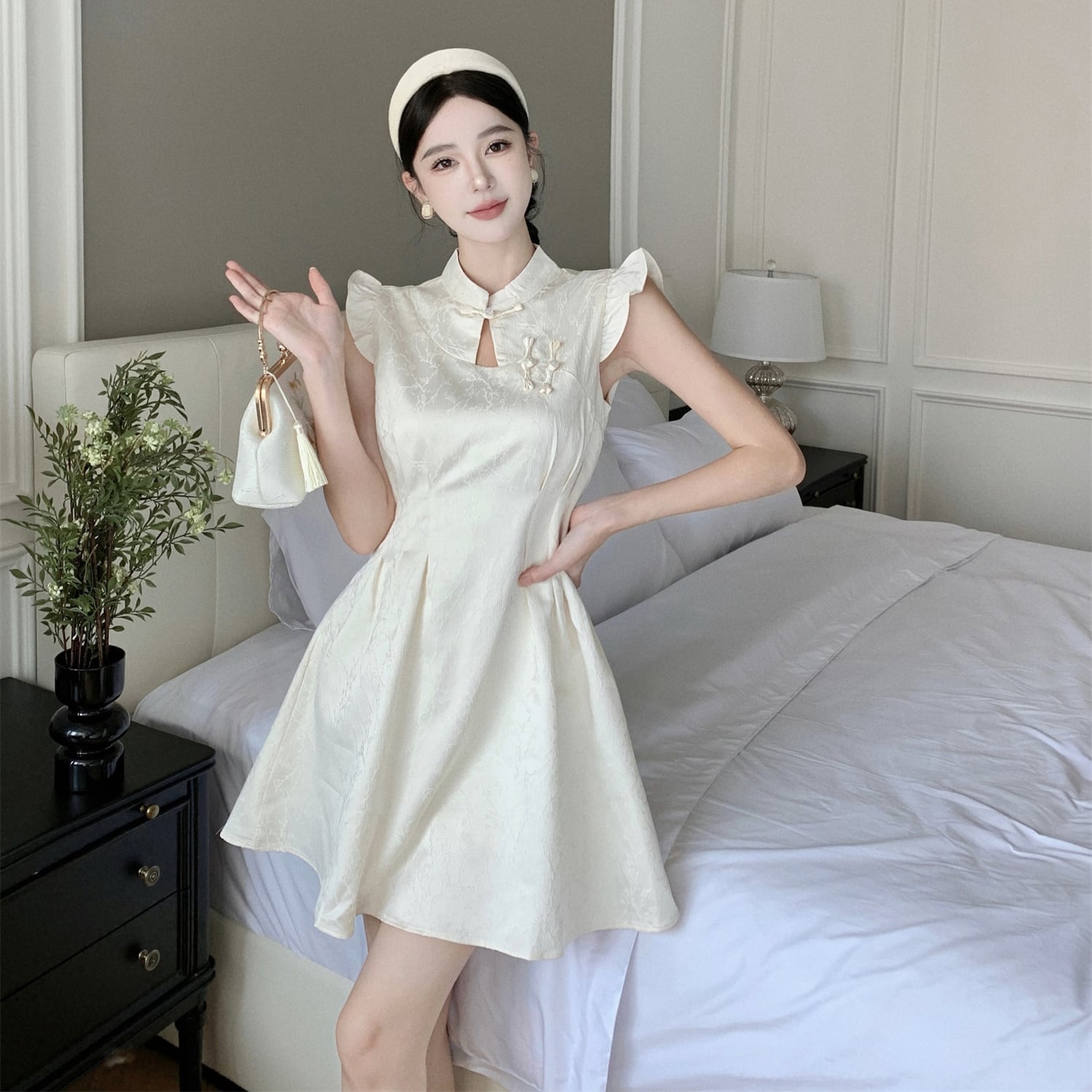 【2色】ミニドレス 中華風 Aライン 着瘦せ CHIC 大人可愛い 気質 XH2-DD4874