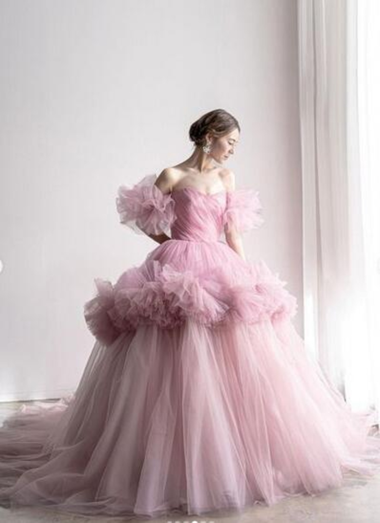 上品！ピンク カラードレス パール ベアトップ Aライン 編み上げ  