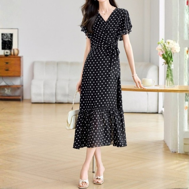 Cross v neck elegant ruffle sleeve polka dot dress