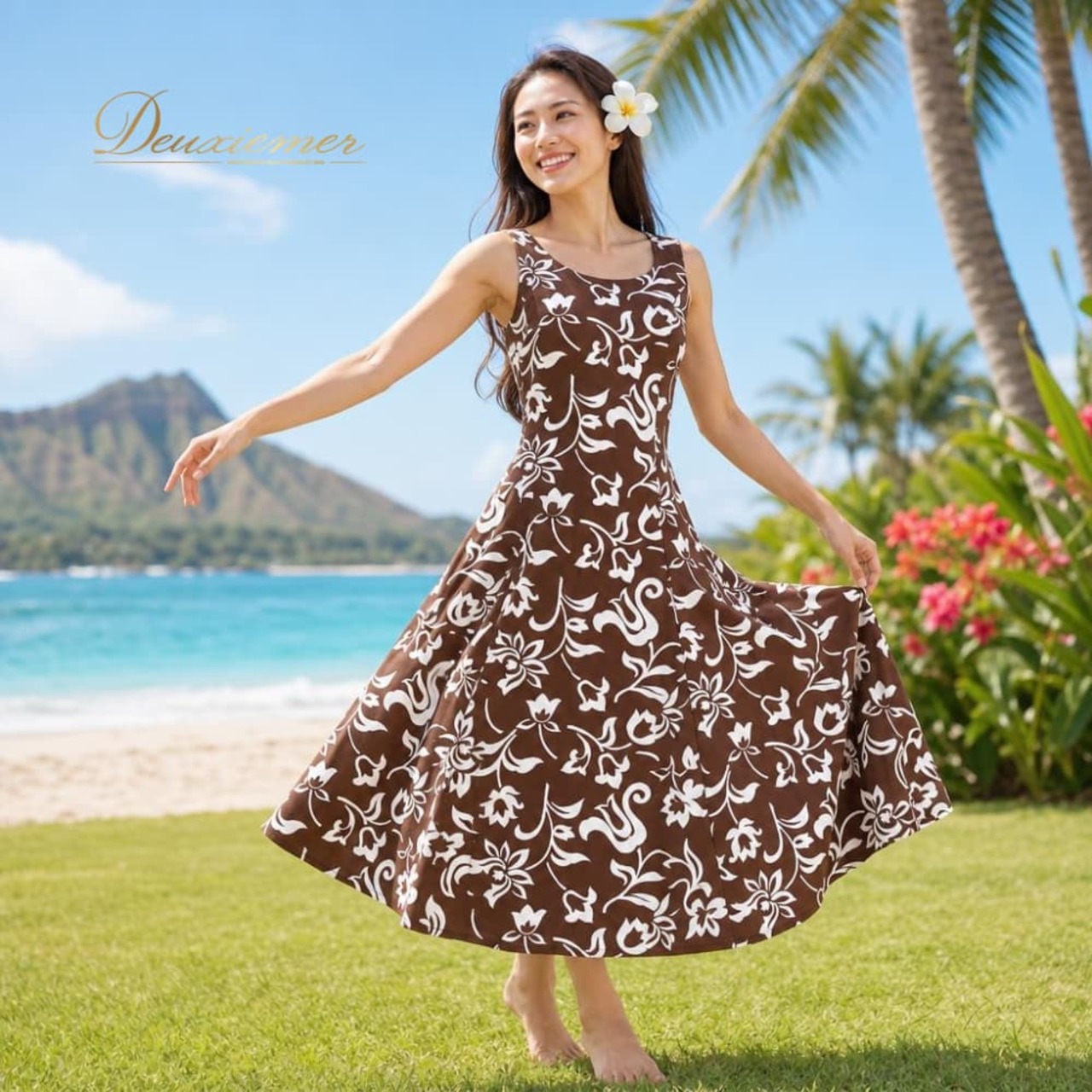 フラダンス 衣装 セキノレーシングスポーツ Hula Ku フラクー ワンピース ドレス ブラウン系 ホワイト系 日本製 ツートンカラー 花柄 ナチュラル かわいい 華やか 鮮やか 明るい ハワイアン アロハ ハワイアンプリント フラ ダンス レッスン 練習