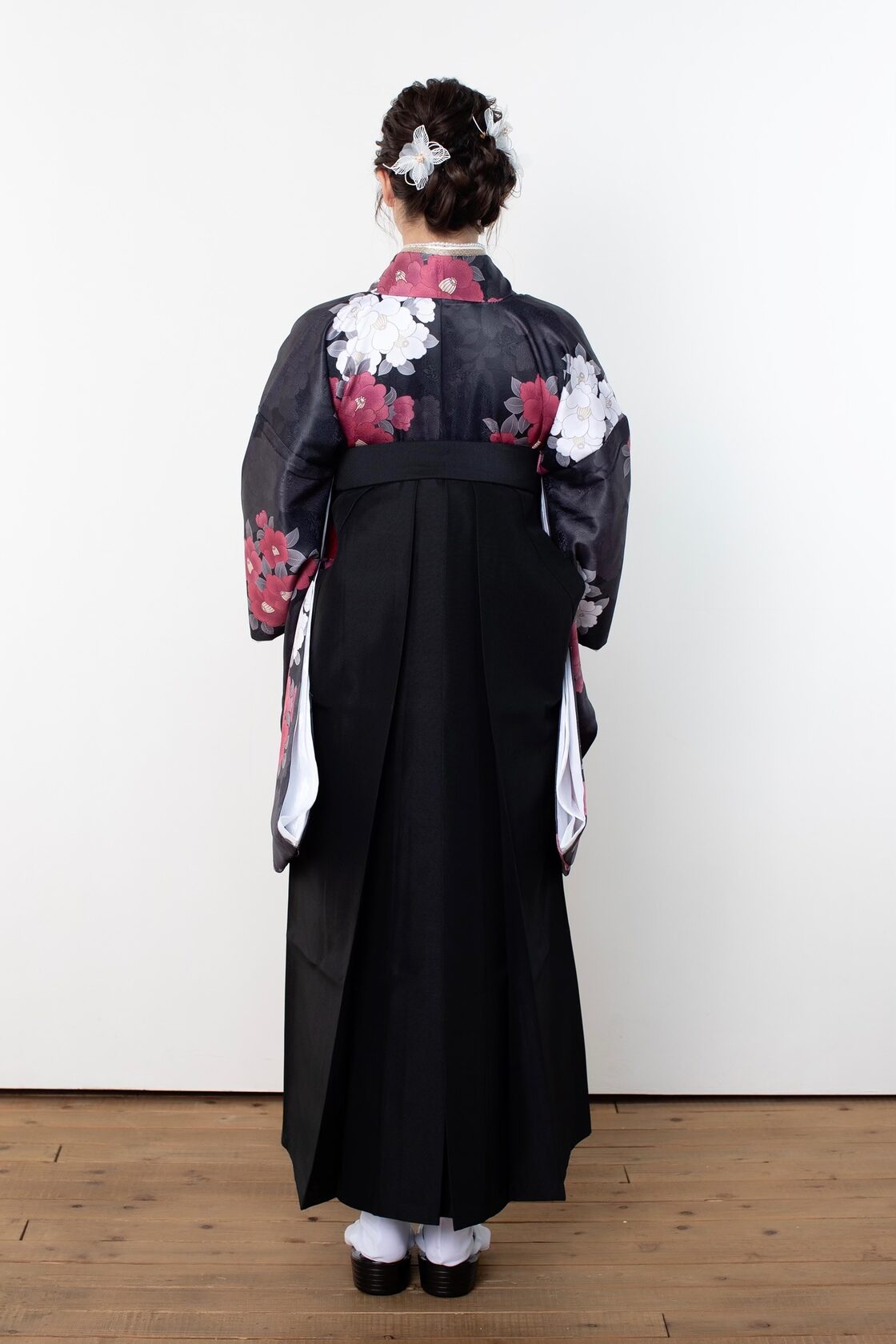 Kimono Sienne 卒業式袴3点セット 黒 赤 椿 袴 二尺袖着物 袴 卒業式 