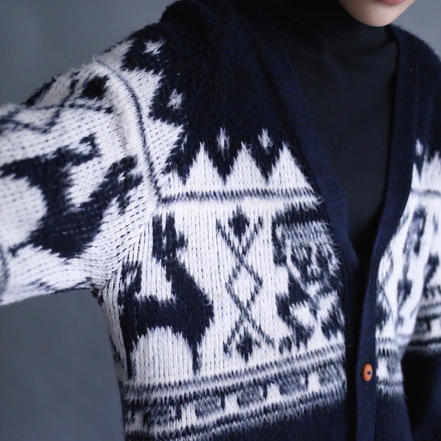 "モケモケ" mohair motif knit mural full pattern over silhouette 5b cardigan