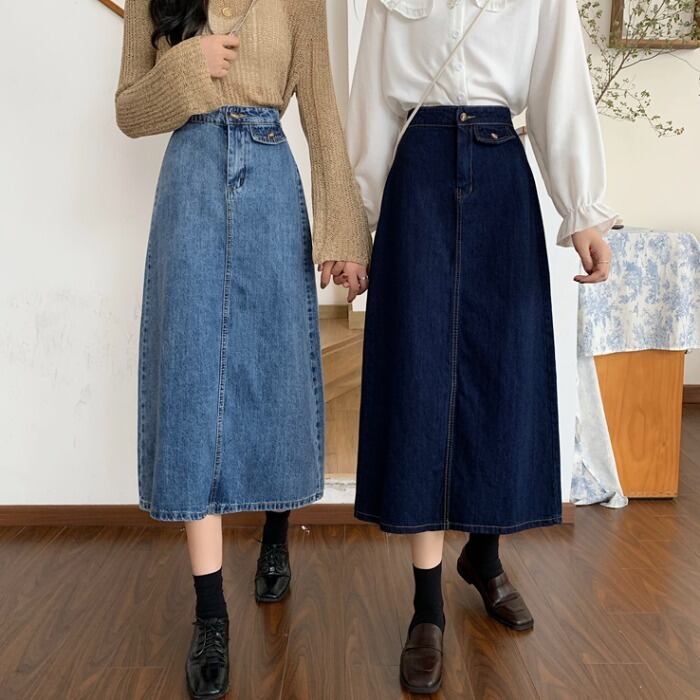 ウエストデニムスカートレディース2020年初秋新作ミドル丈ルーズ&シンスカートスプリットAラインスカートイン クレセントシティ19786532354