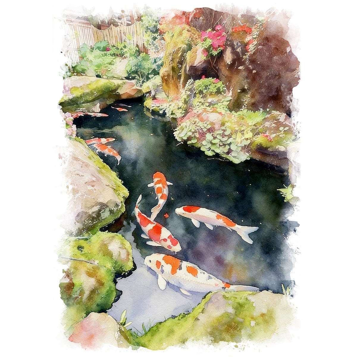 絵画(風景画) 日本庭園の鯉 インテリアアート額付き 水彩画・油絵風 WAT0778