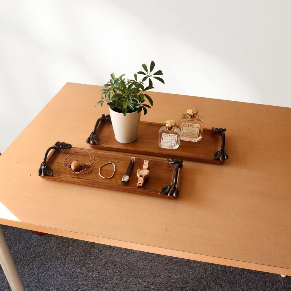 ウッド&アイアン アクセサリートレー2個セット|天然木とアンティーク調取っ手のインテリアトレイ