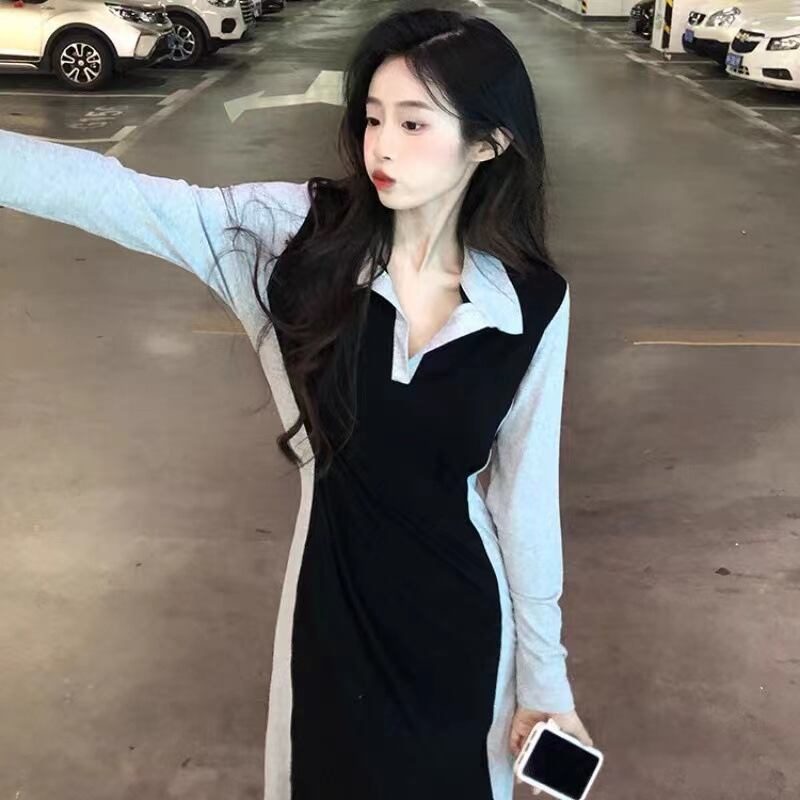 【新作】【送料無料】 秋の韓国語バージョン 2022 新しいスタイルのウエスト痩身ファッション対照的な色のポロ襟長袖ミドル丈ドレス女性のための 0256303201115