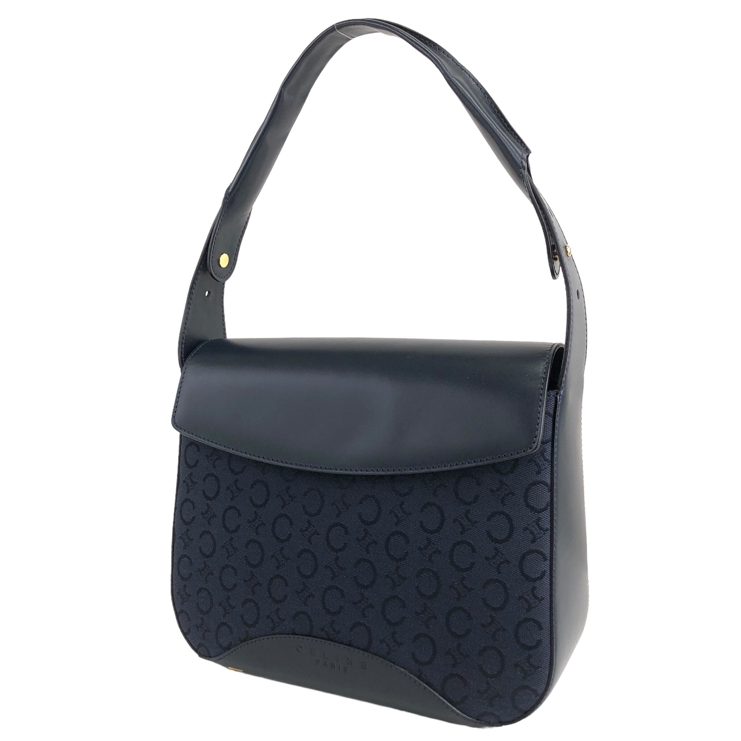 CELINE セリーヌ Cマカダム ハンドバッグ ネイビー レザー ジャガード