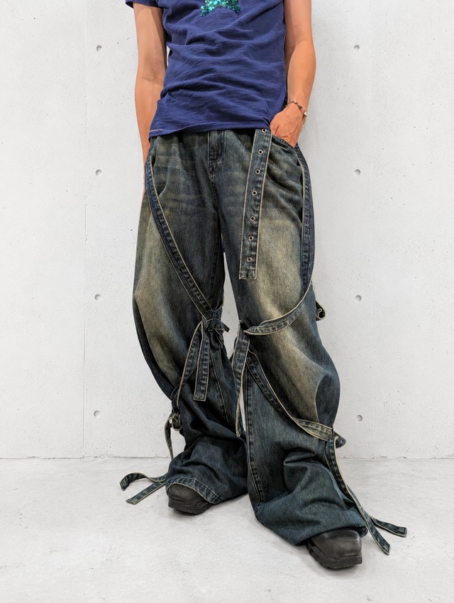 "GIMMICK" tie strap baggy cargo denim pants