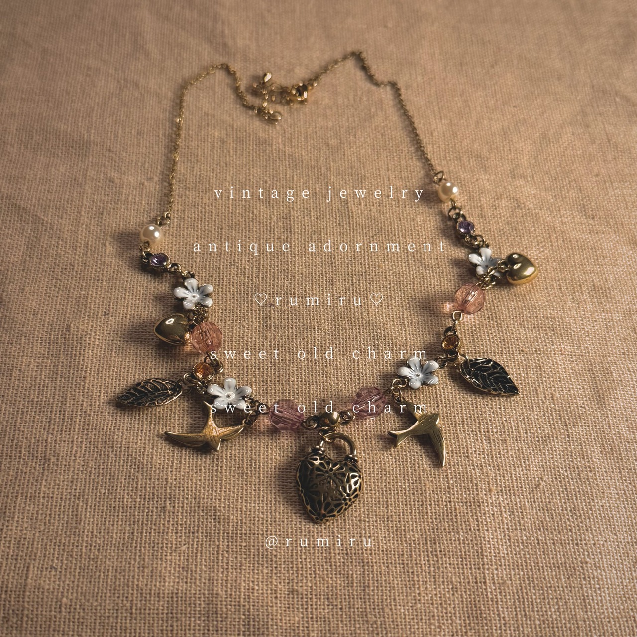 ハンドメイド フラワー 小鳥 アンティーク ネックレス - 1