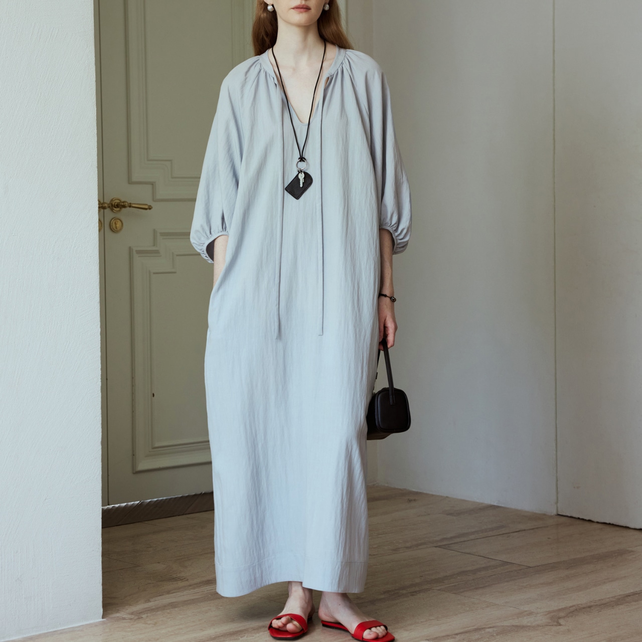 Gather Neck Long Sleeve Maxi Dress T3694