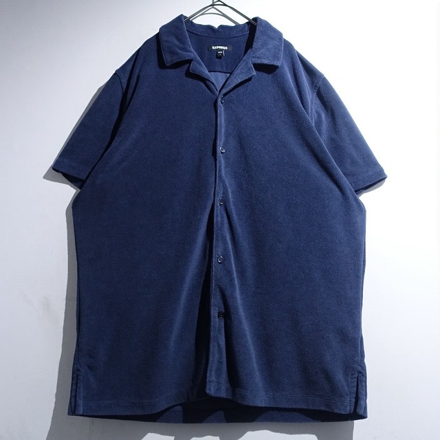 Navy Pile Fabric Open-Collar S/S Shirt