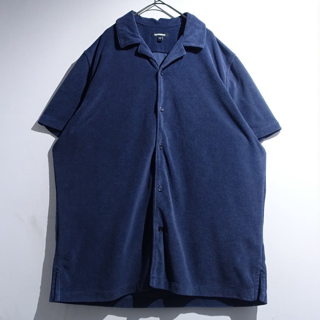 Navy Pile Fabric Open-Collar S/S Shirt