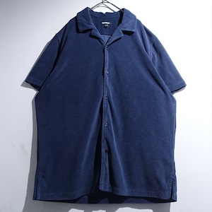 Navy Pile Fabric Open-Collar S/S Shirt