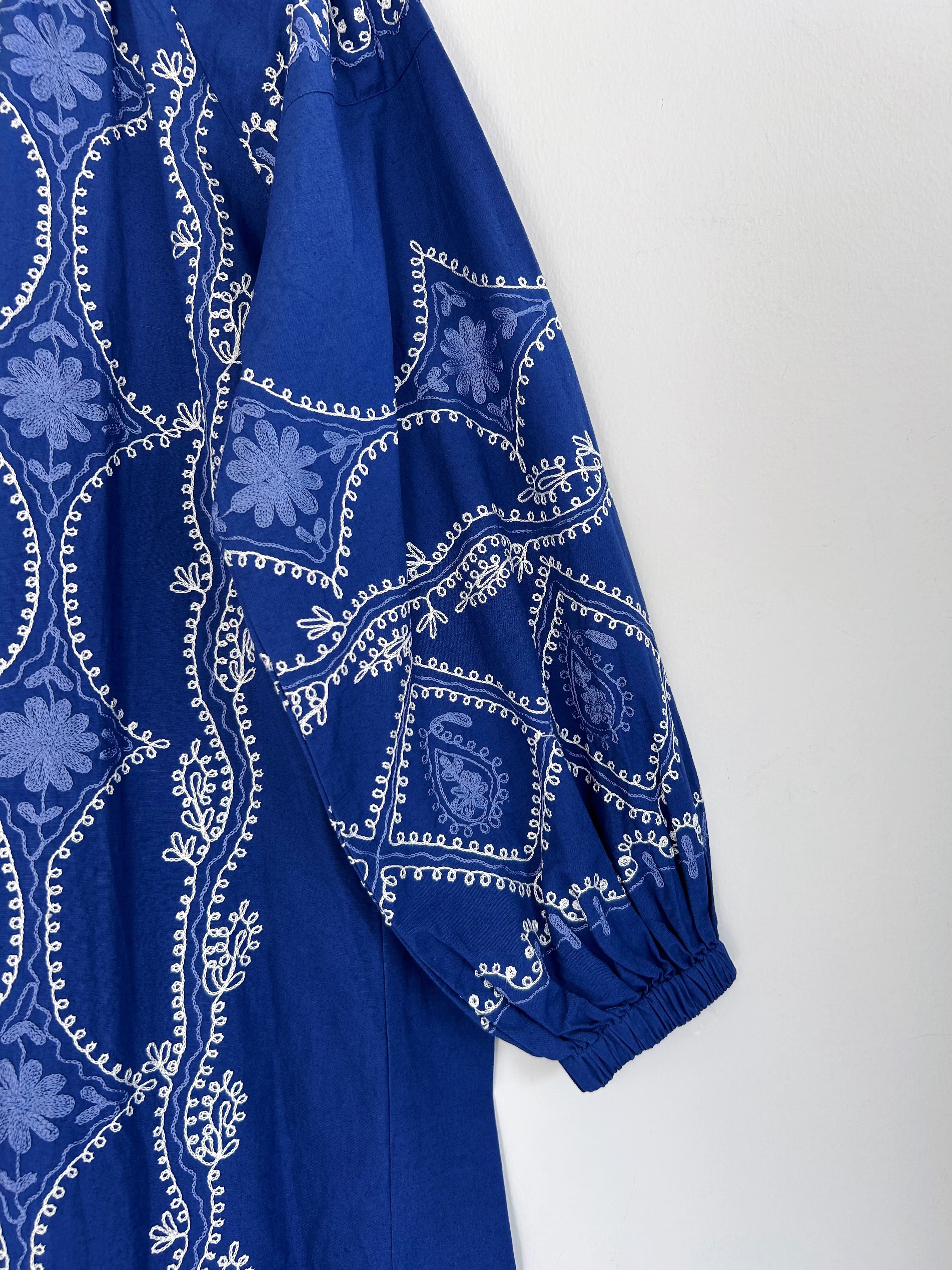 Sara Mallika Cotton Linen Daiamonde Aari Embroidery Dress | KOKO