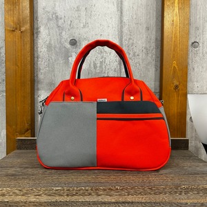 -＊ Boston Bag ＊- ブロック切替デザイン【スカーレット×テツ紺×グレー】