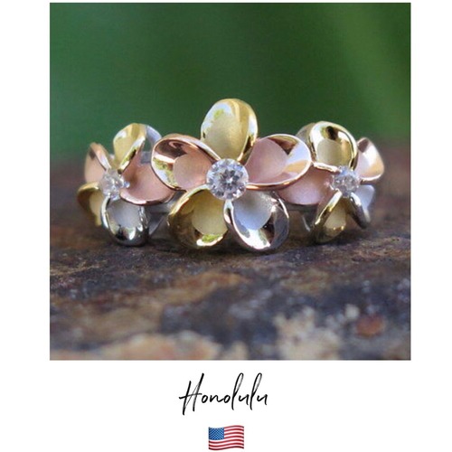 【Made in ホノルル】ハワイアンジュエリー プルメリア リング ⁑ Triplet color plumeria ring
