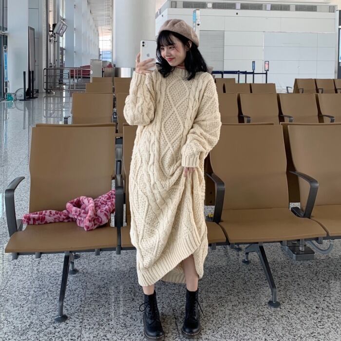 美品✨️Dw2R ローゲージニットワンピース 長袖 ケーブル編み ダークグレー