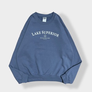 【GILDAN】 スペリオル湖 Lake Superior アーチロゴ プリント スウェットトレーナー プルオーバー くすみカラー M US古着