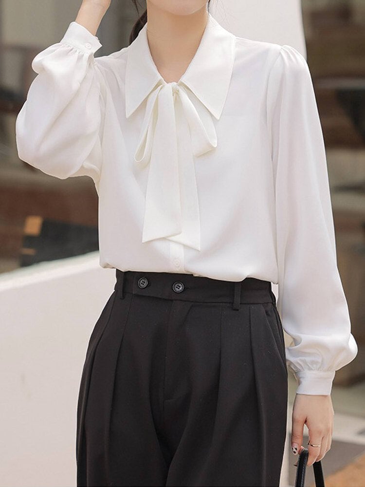 フェミニンなフォーマルアイテム パールボタン付きリボンタイブラウス シンプル 無地 オフィス 制服 お呼ばれ 大きいサイズ 韓国 CH9554