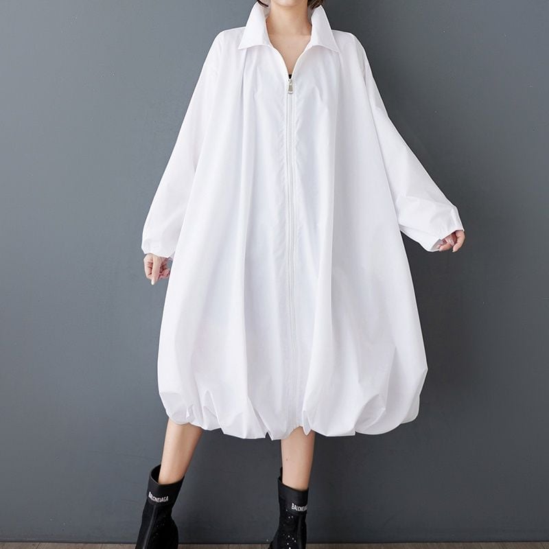 SOLID FULLZIP LONG SLEEVES BALLOON HEM MIDI SHIRT DRESS 2colors M-13266