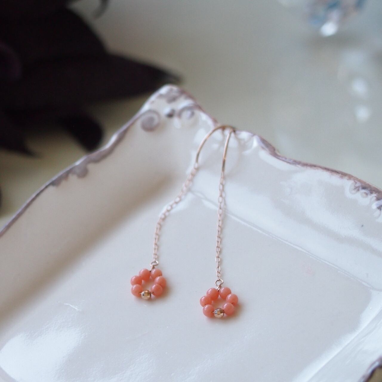 ピンク珊瑚/K10ピンクゴールド/チェーンピアス (2way) | ChocoRal Jewelry