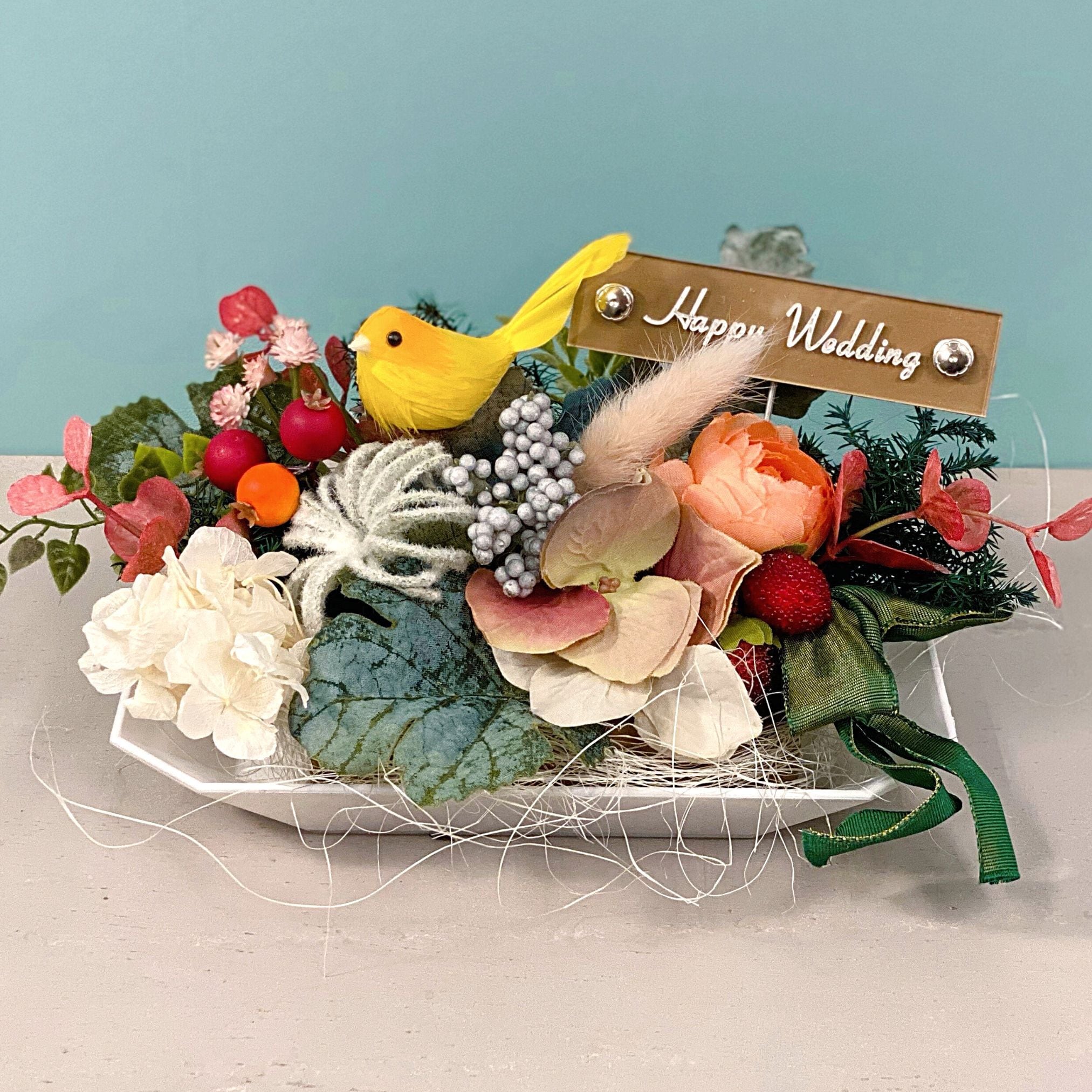 B　小鳥のフラワーアレンジ 黄色の小鳥のフラワーアレンジメント！【文字入れ可】 【受注販売】鳥