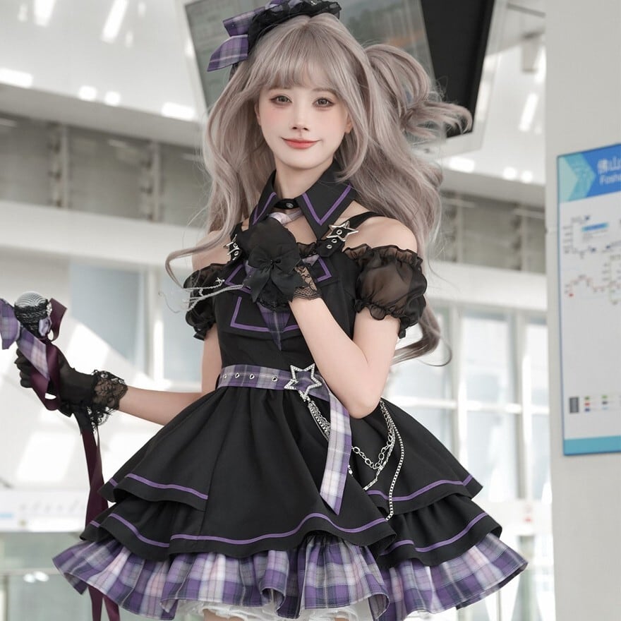 ライブ衣装 ブラック×パープルチェック柄セットアップ レッグカバー付き|WithU